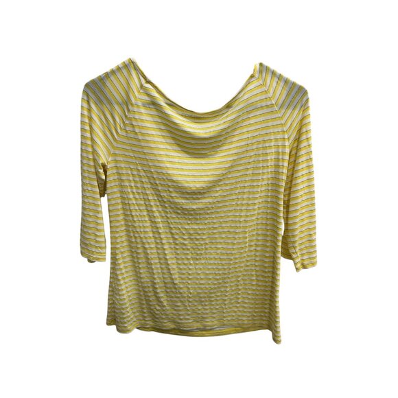 Calvin Klein Jeans Yellow White Striped Drape Neck 3/4 Sleeve Top Sz S - Picture 2 of 8